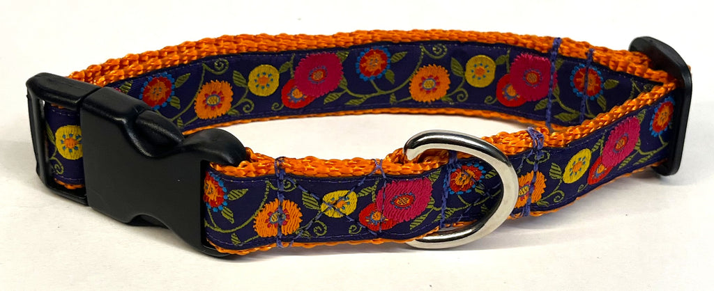 Purple with Pink, Orange, Yellow, Red, and Blue Flowers and Green Leaves Dog Collar 1in