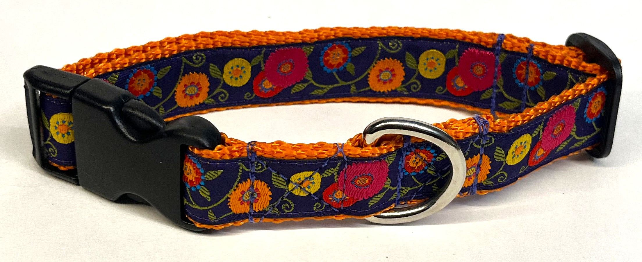 Purple with Pink, Orange, Yellow, Red, and Blue Flowers and Green Leaves Dog Collar 1in