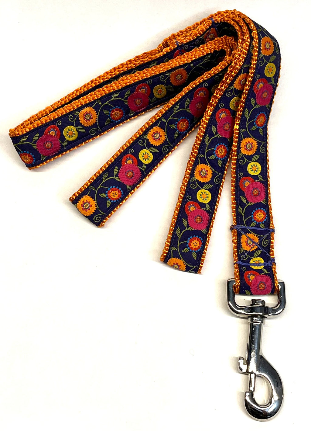 Purple with Pink, Orange, Yellow, Red, and Blue Flowers and Green Leaves Dog Leash 1in