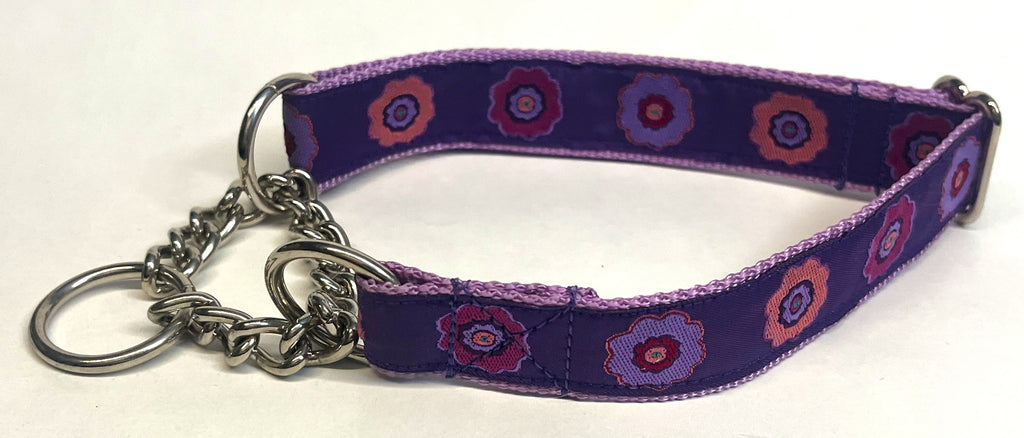 Purple with Pink, Purple, & Lavender Flowers Chain Martingale Collar 1in