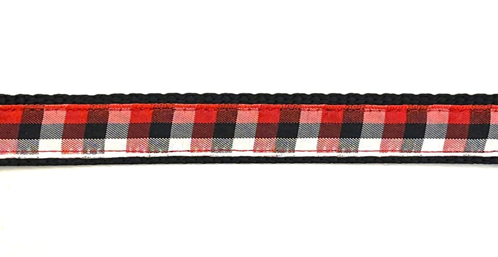 Red, Black & White Plaid Dog Leash 3/4 - plaid ribbon on black nylon webbing