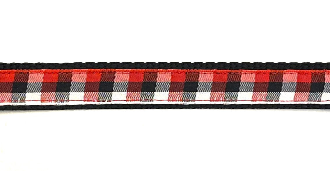 Red, Black & White Plaid Dog Leash 3/4 - plaid ribbon on black nylon webbing