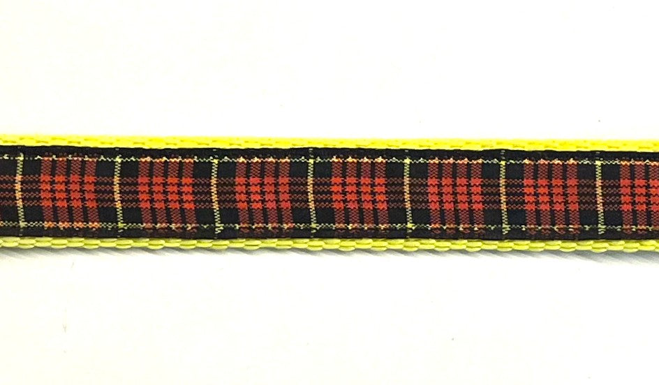Red, black, and yellow plaid tartan dog collar 3/4 inch on yellow webbing
