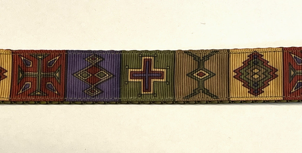 Olive with Red, Purple, Green, Tan, Yellow Western Square Design Dog Collar 1in