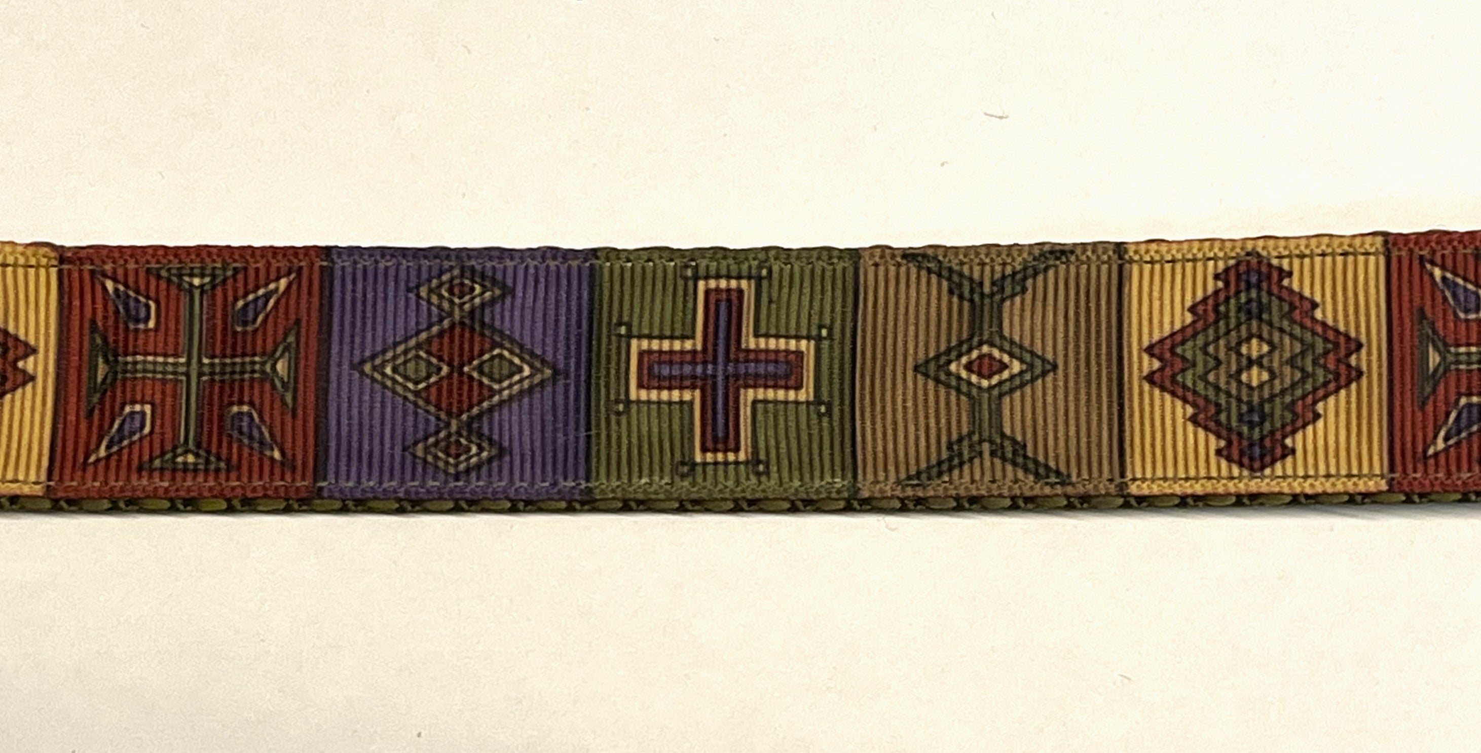 Olive with Red, Purple, Green, Tan, Yellow Western Square Design Dog Collar 1in