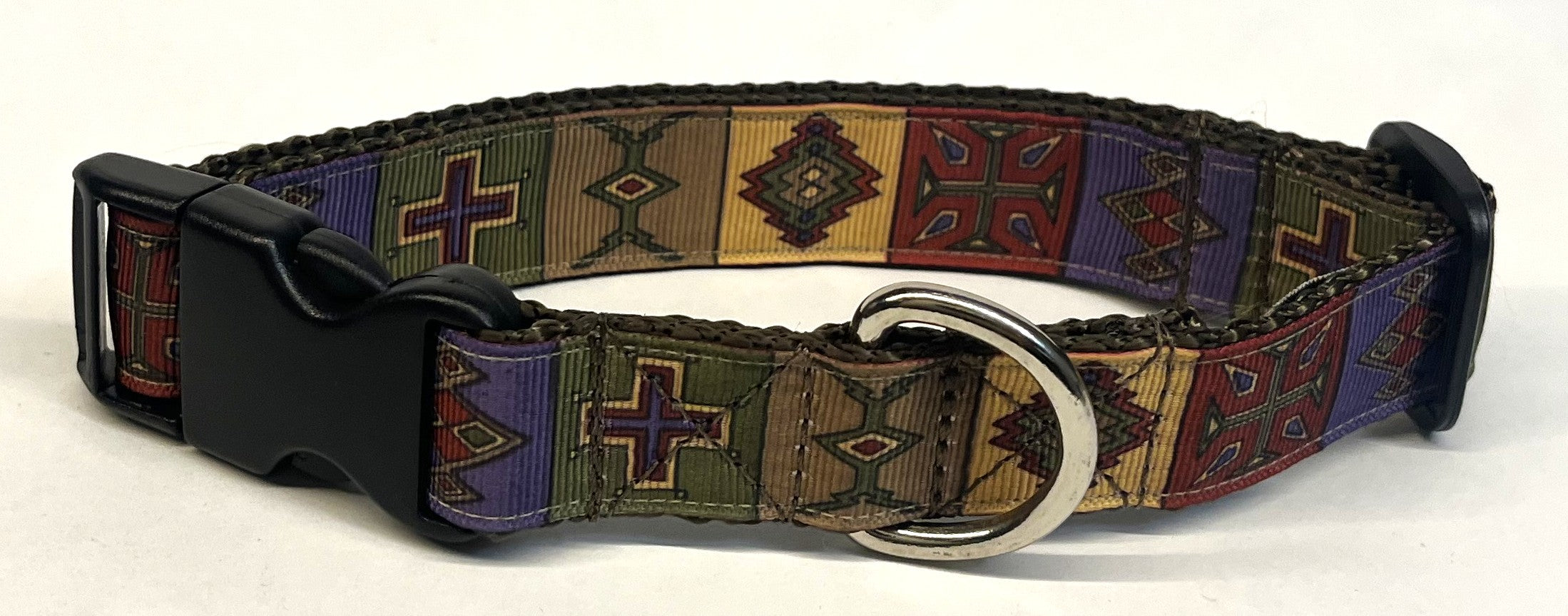 Olive with Red, Purple, Green, Tan, Yellow Western Square Design Dog Collar 1in