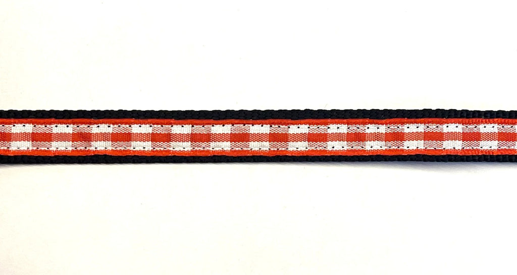 Red and white plaid dog collar on black webbing, 1/2 inch width