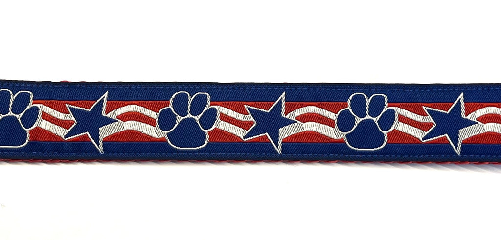 Red and White Swoosh with Blue Paws and Stars Dog Leash 1in