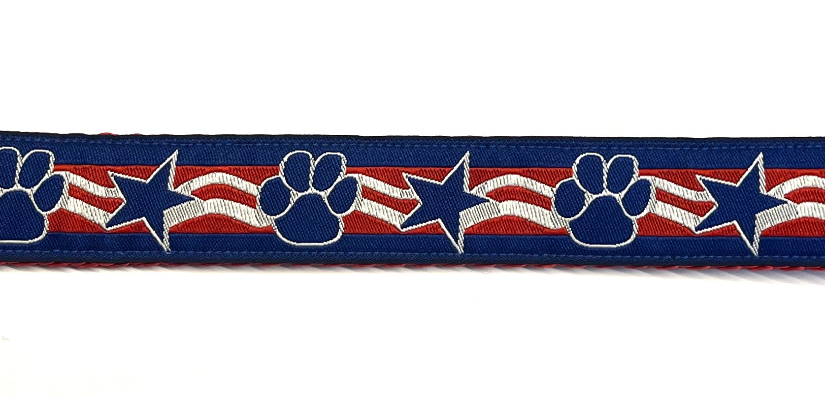 Red and White Swoosh with Blue Paws and Stars Dog Leash 1in