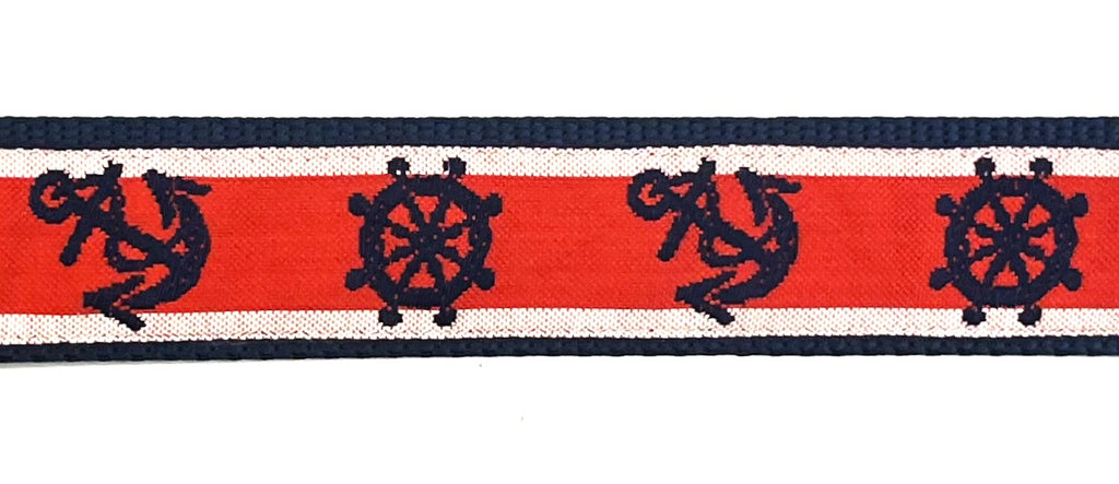 Red and White with Navy Anchors and Wheels Dog Collar 1 1/2 in