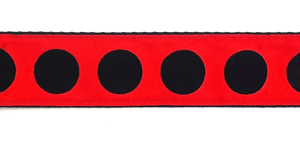 Red with black velvet dots dog collar 1.5 inch on black webbing