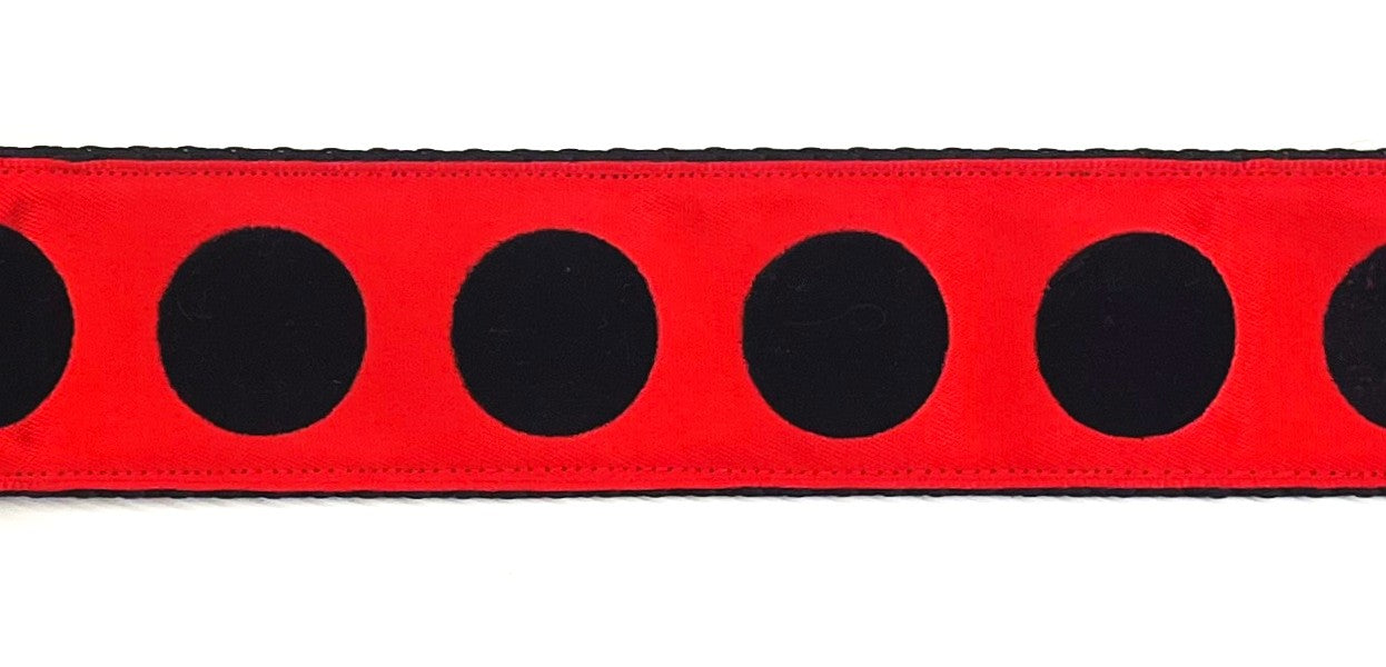 Red with black velvet dots dog collar 1.5 inch on black webbing
