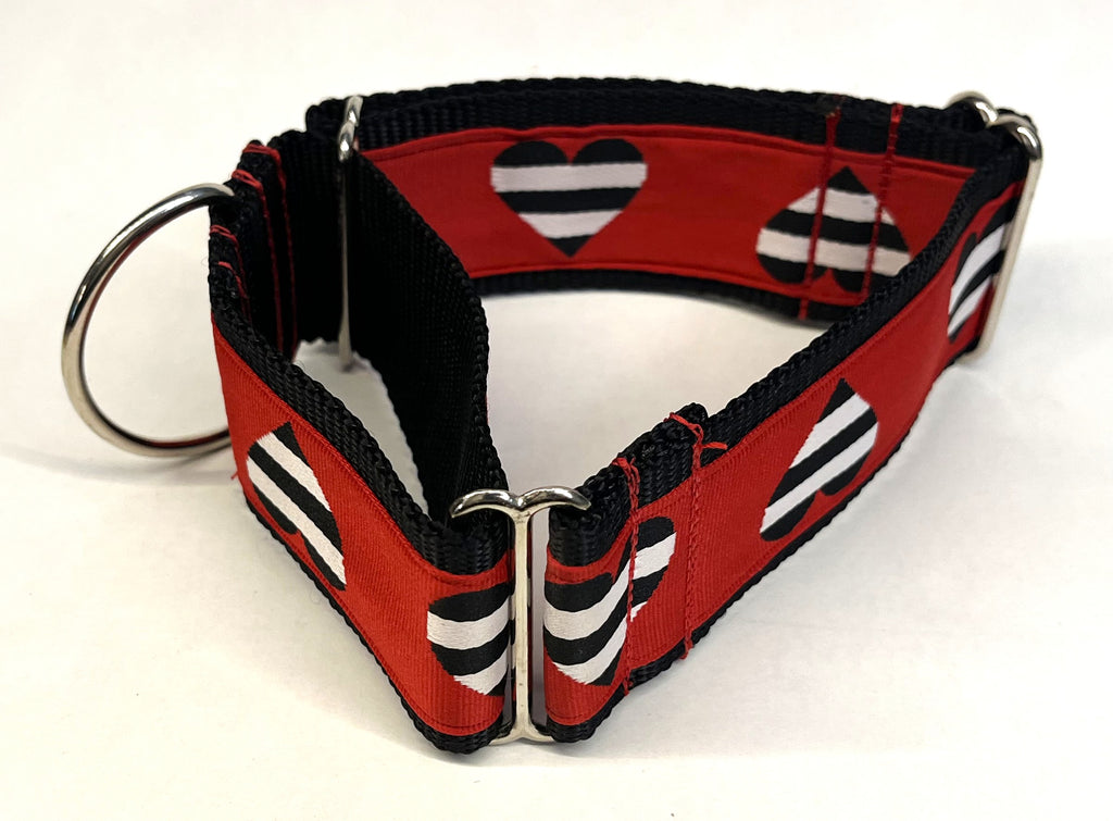 Red with Black and White Stripe Hearts Martingale Collar 2in