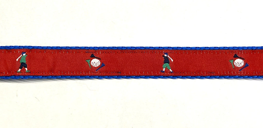 Red with Golfers and Golf Balls Dog Collar 3/4 inch on blue webbing