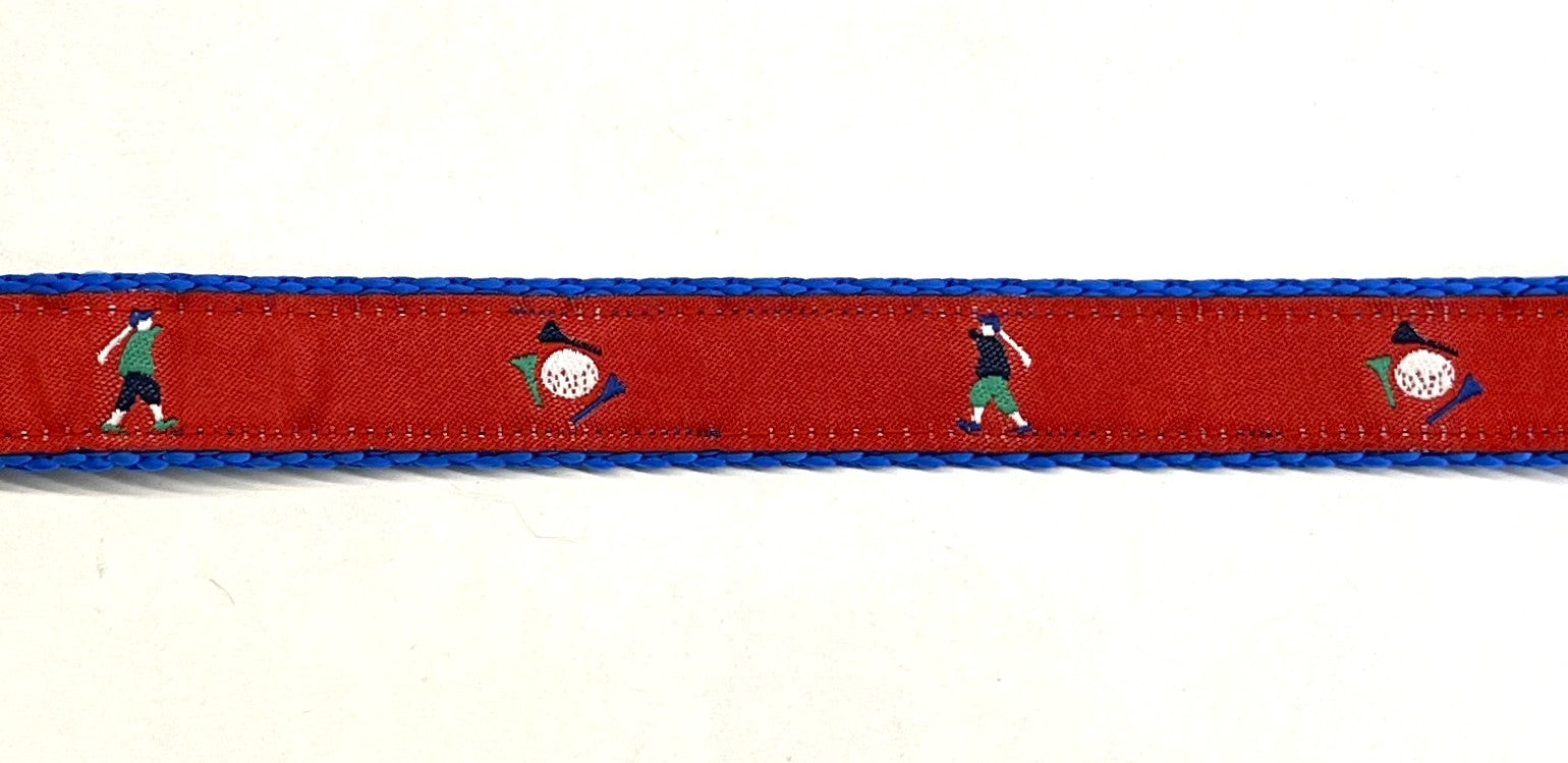 Red with Golfers and Golf Balls Dog Collar 3/4 inch on blue webbing