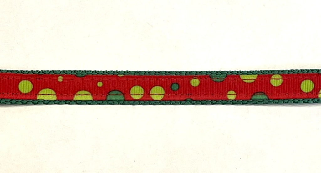 Red ribbon with green and lime bubble dots dog collar on green webbing