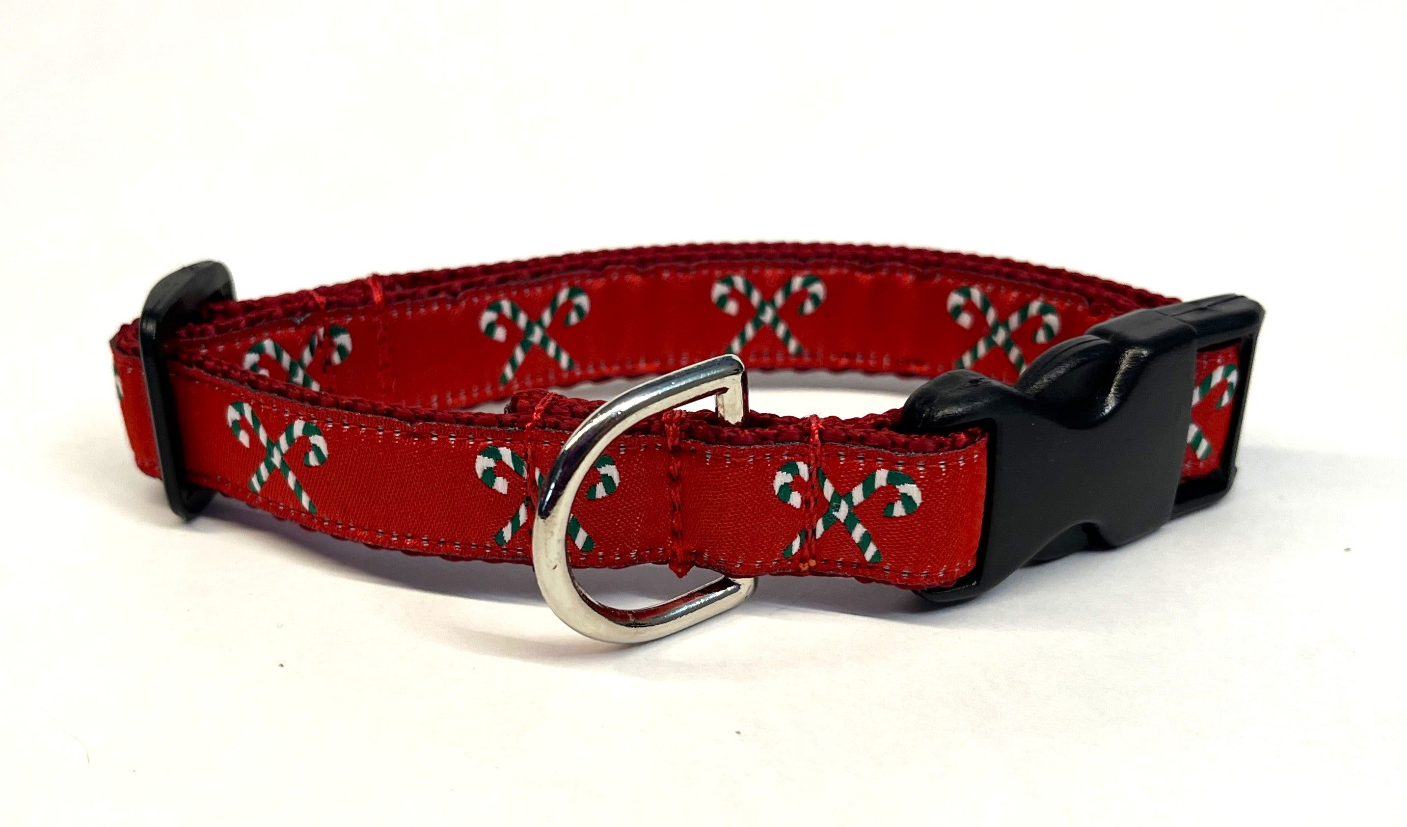 Red with Green and White Candy Canes Dog Collar 3/4