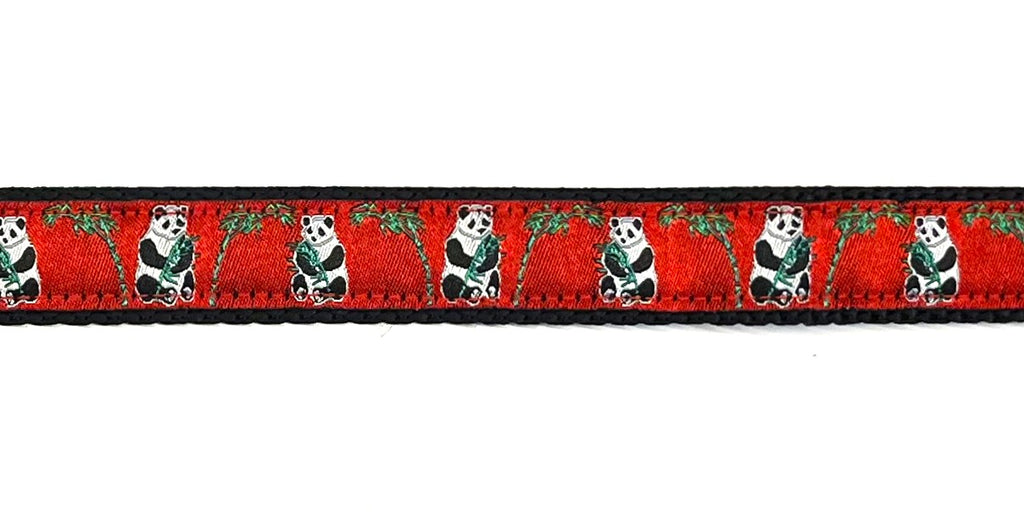 Red with pandas and bamboo dog collar 3/4 inch on black webbing
