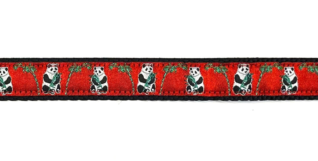 Red with pandas and bamboo dog collar 3/4 inch on black webbing