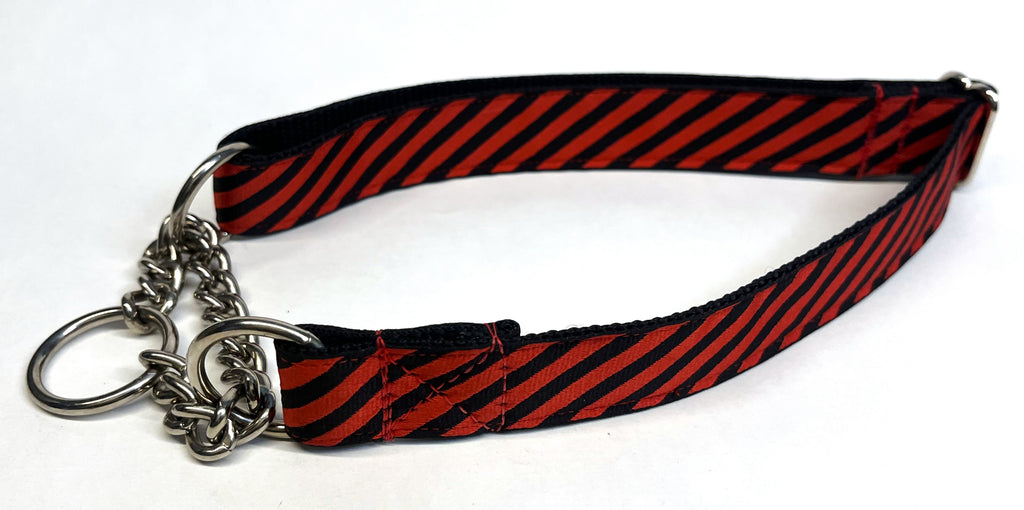 Red and Black Diagonal Stripe Chain Martingale Collar 1in