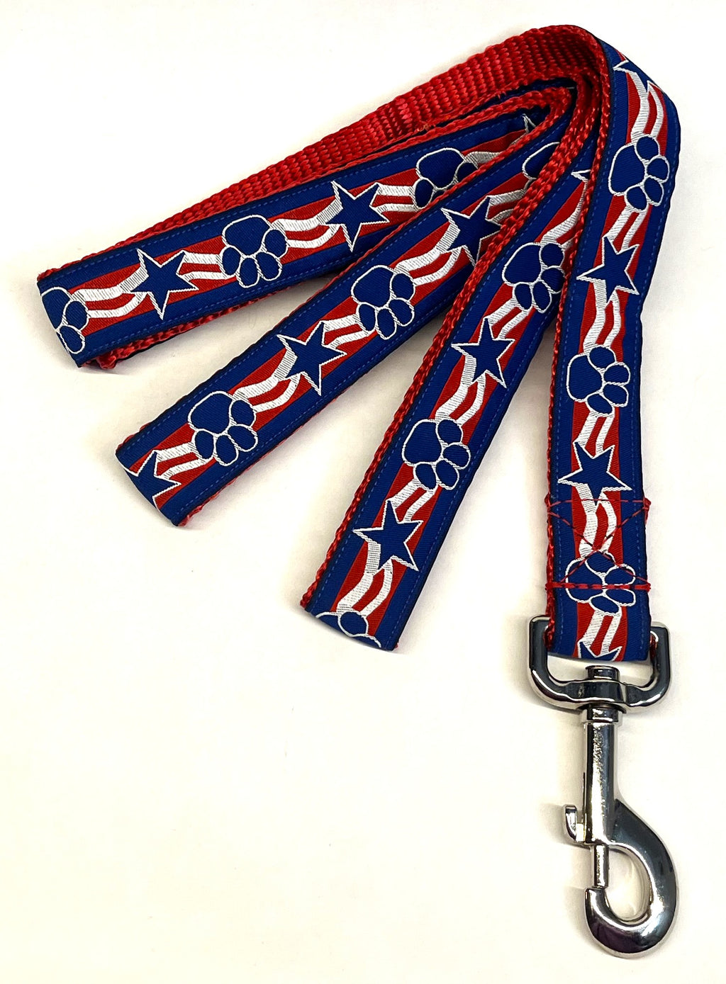 Red and White Swoosh with Blue Paws and Stars Dog Leash 1in