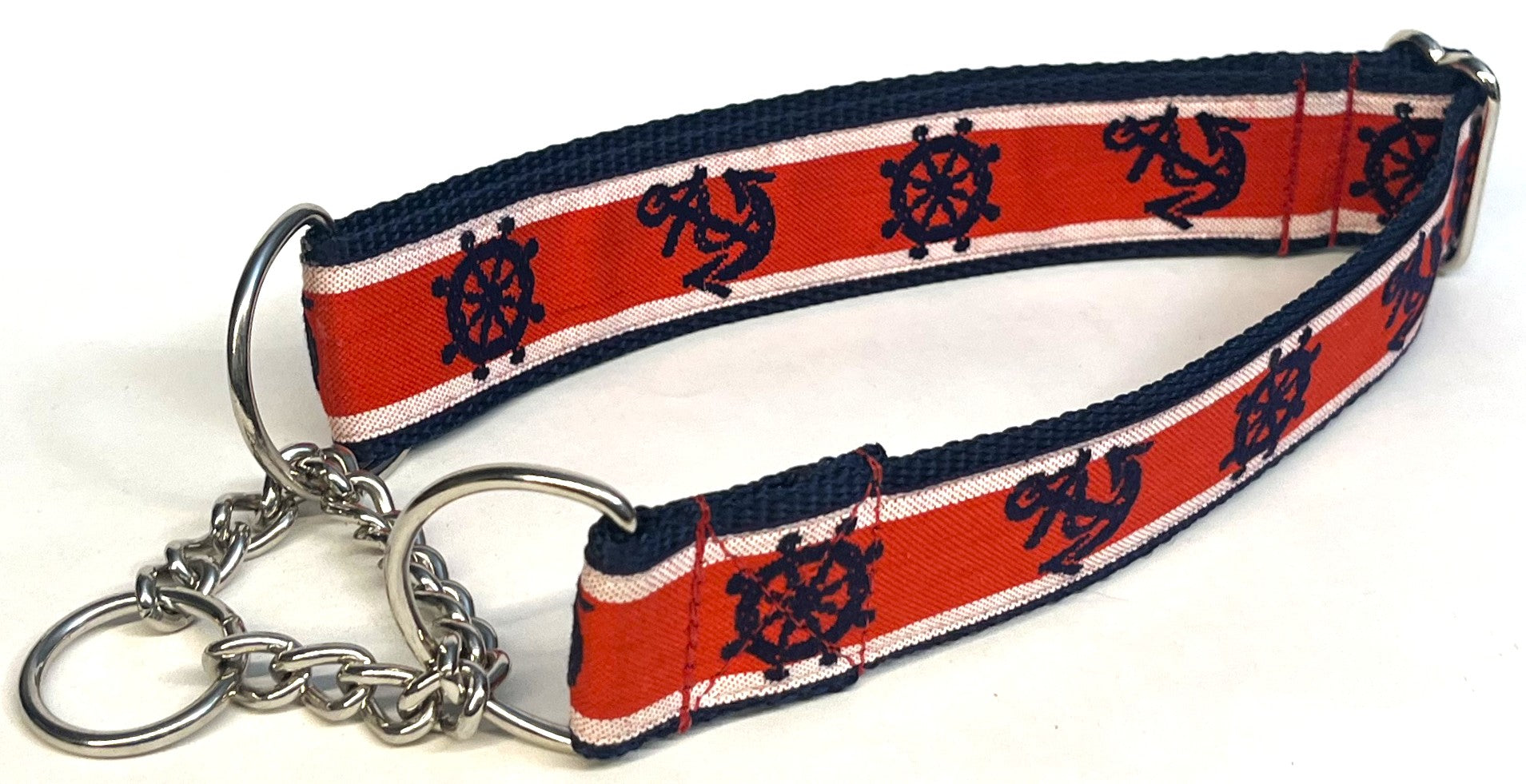 Red and White with Navy Anchors and Wheels Chain Martingale Collar 1 1/2 in