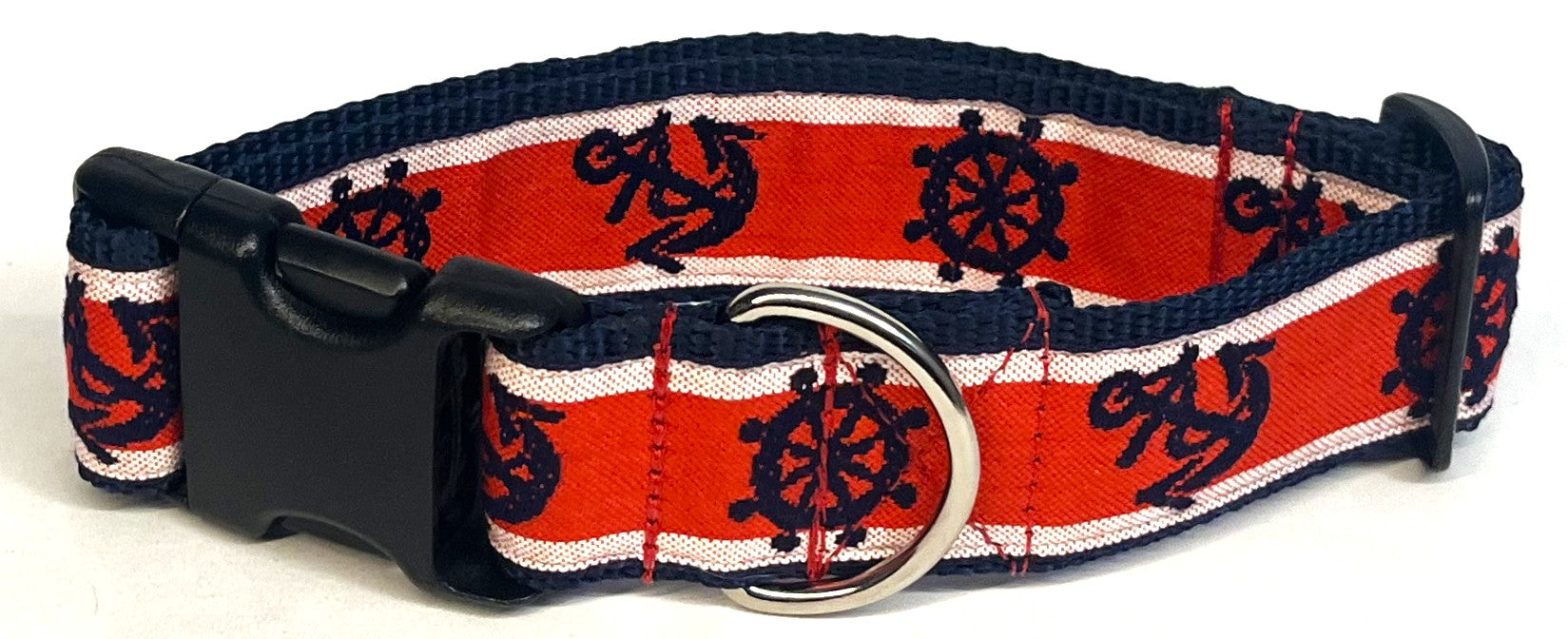 Red and White with Navy Anchors and Wheels Dog Collar 1 1/2 in