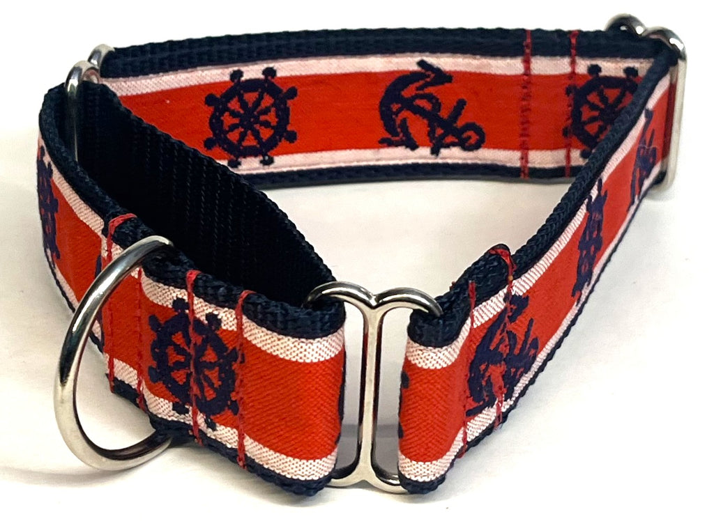 Red and White with Navy Anchors and Wheels Martingale Collar 1 1/2 in
