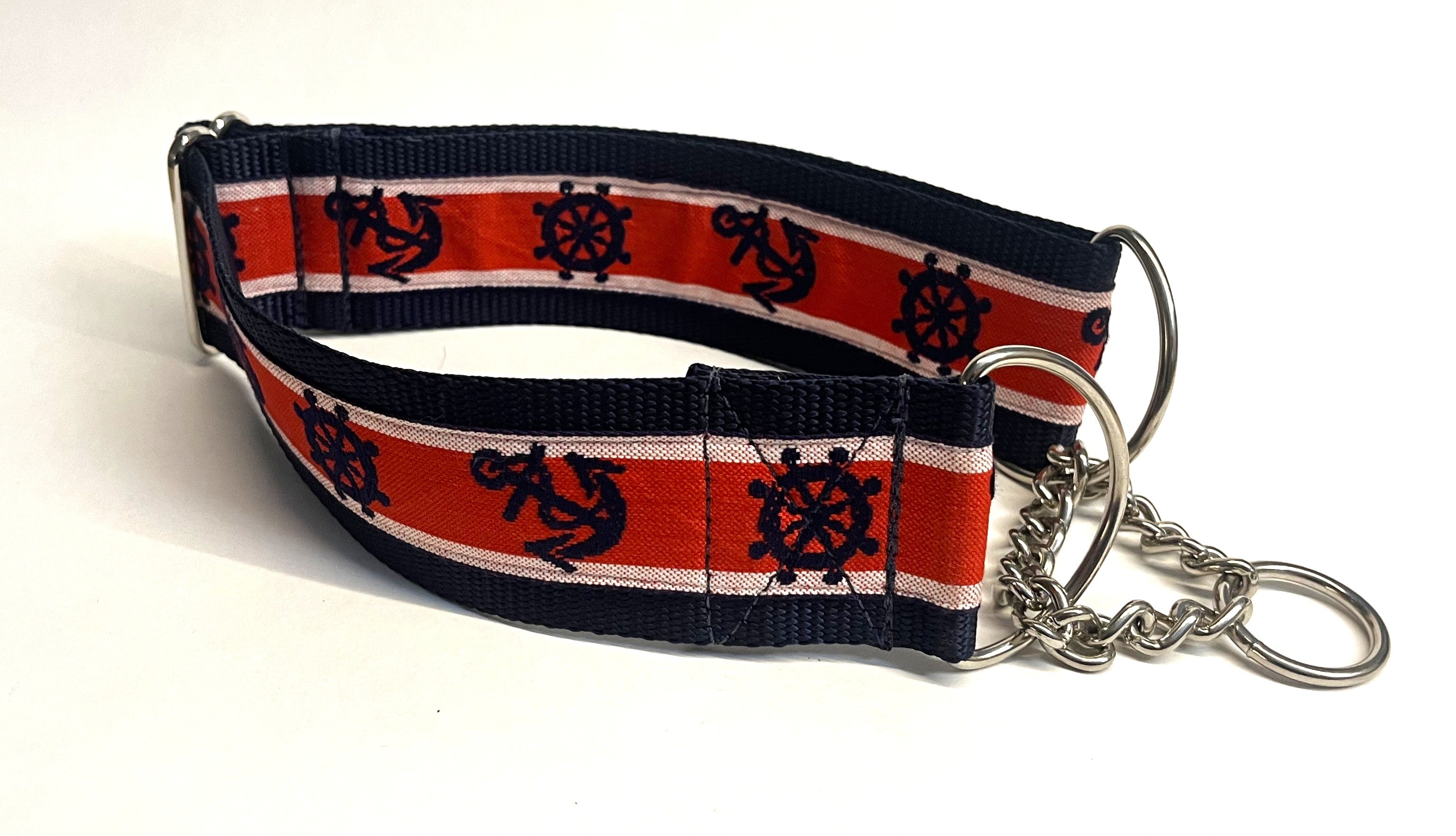 Red and White with Navy Anchors and Wheels Chain Martingale Collar 2in