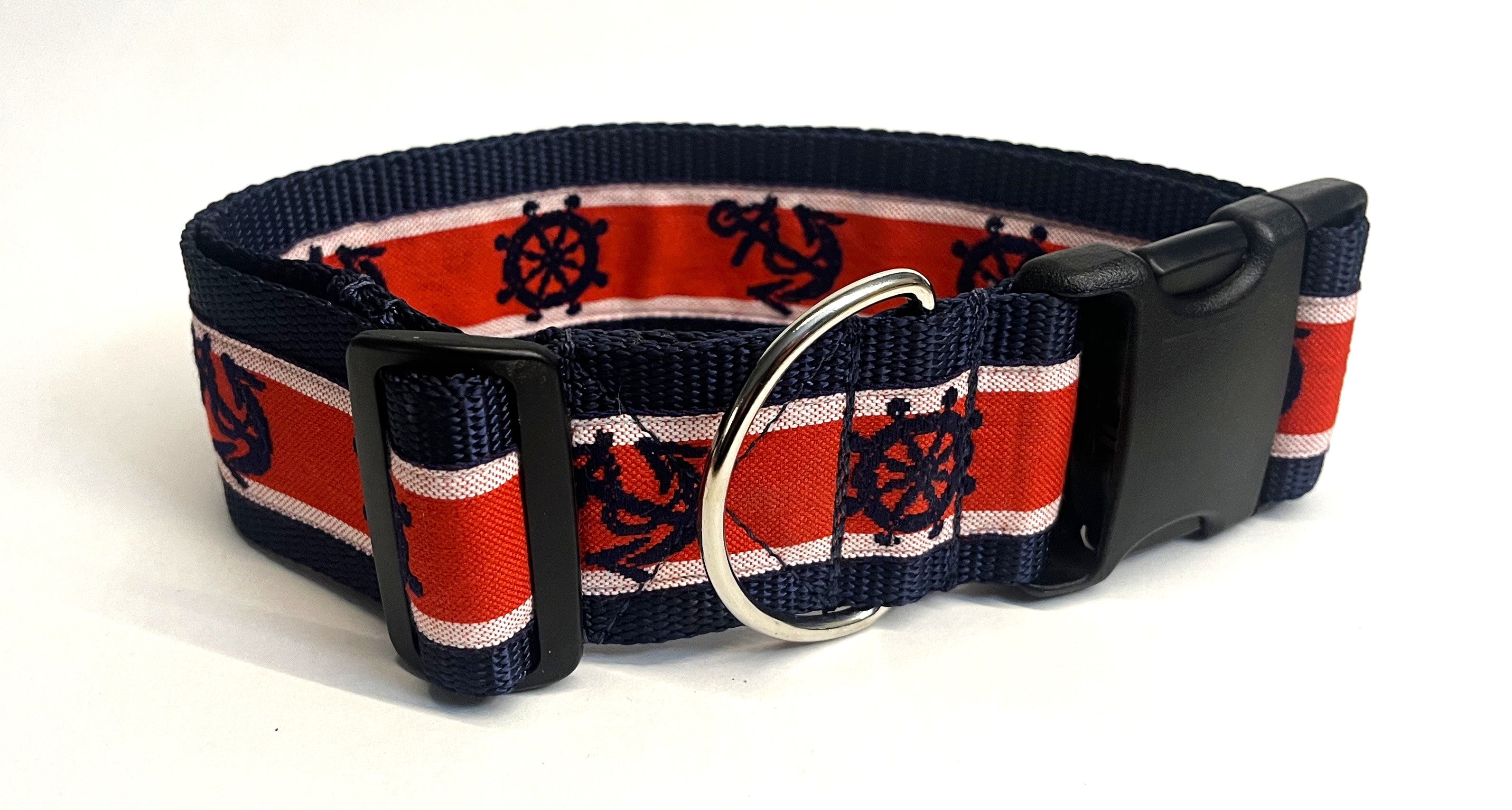 Red and White with Navy Anchors and Wheels Dog Collar 2in