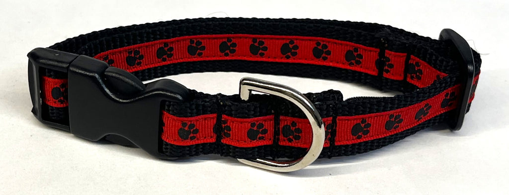 Red with Black Paw Prints Dog Collar 3/4