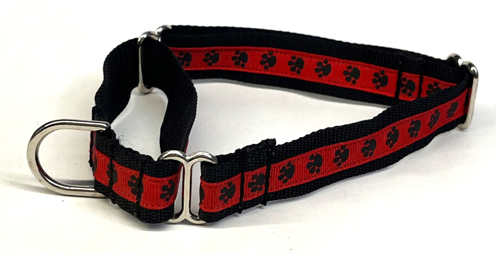 Red with Black Paw Prints Martingale Collar 3/4