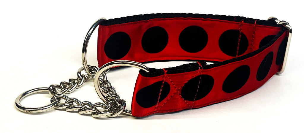 Red with Black Velvet Dots Chain Martingale Collar 1 1/2 in
