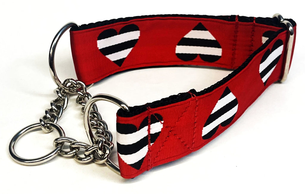 Red with Black and White Stripe Hearts Chain Martingale Collar 1 1/2 in