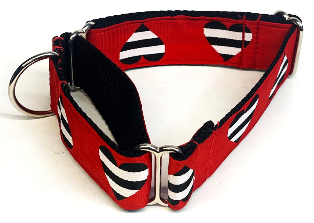 Red with Black and White Stripe Hearts Martingale Collar 1 1/2 in