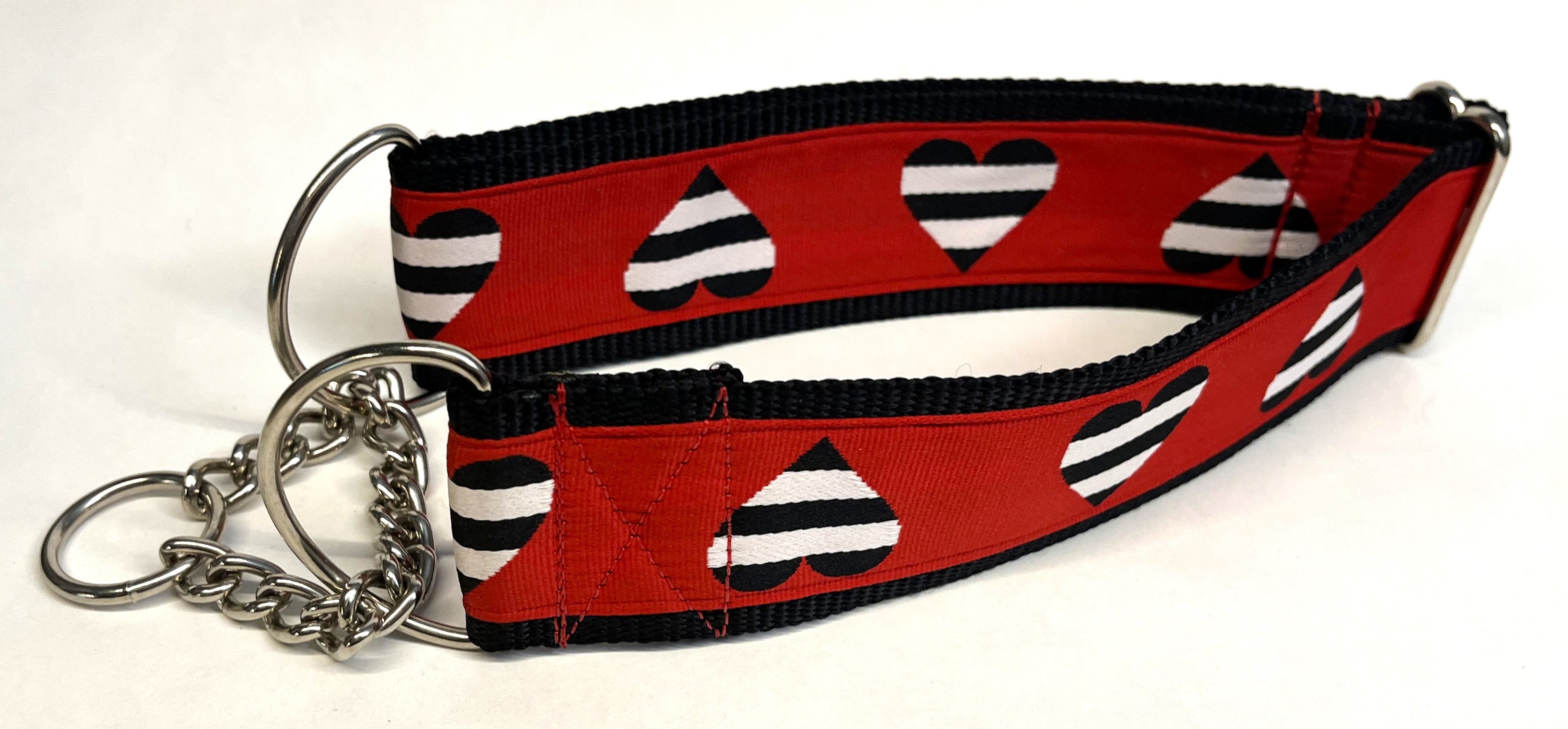 Red with Black and White Stripe Hearts Chain Martingale Collar 2in