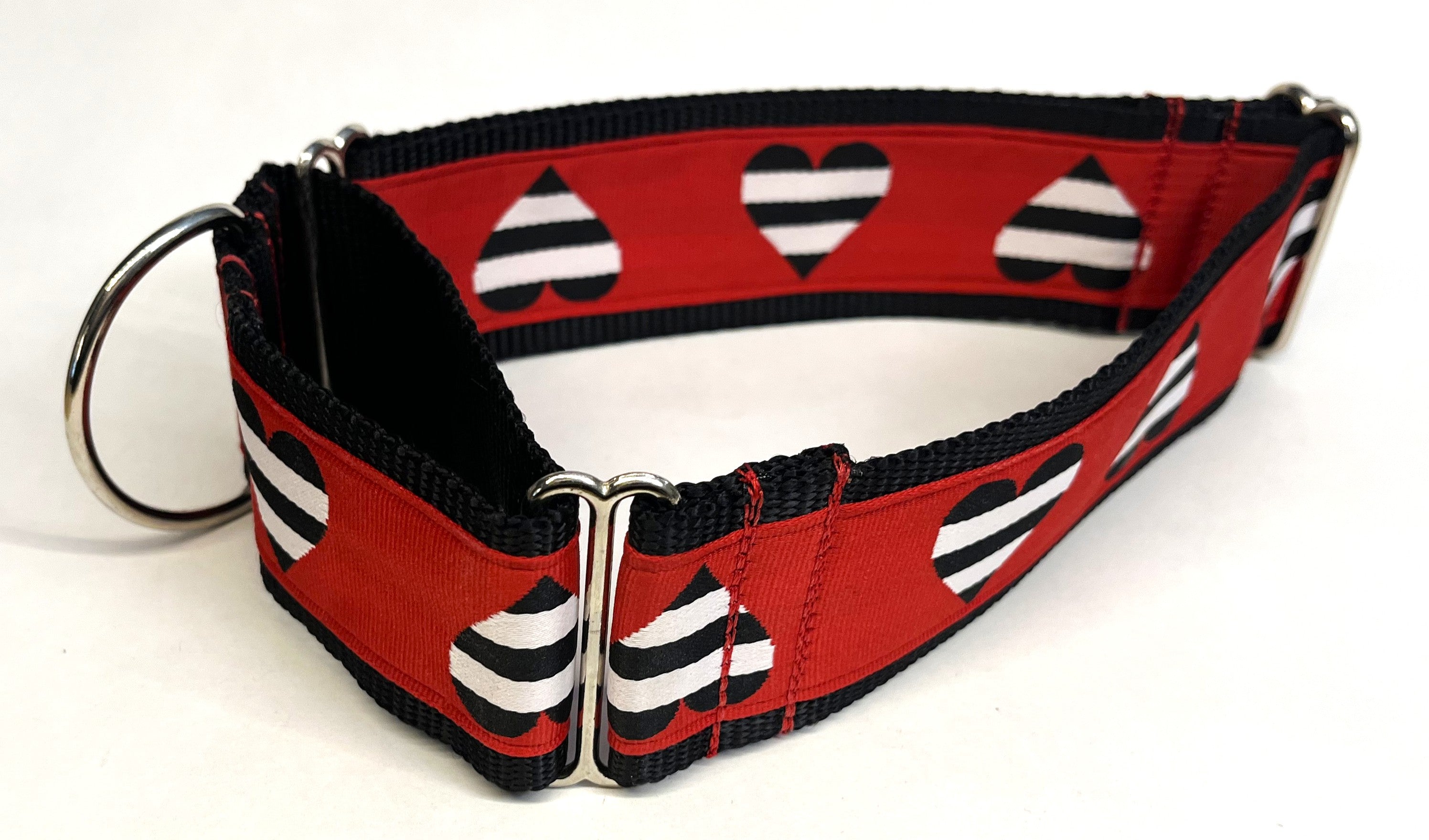 Red with Black and White Stripe Hearts Martingale Collar 2in