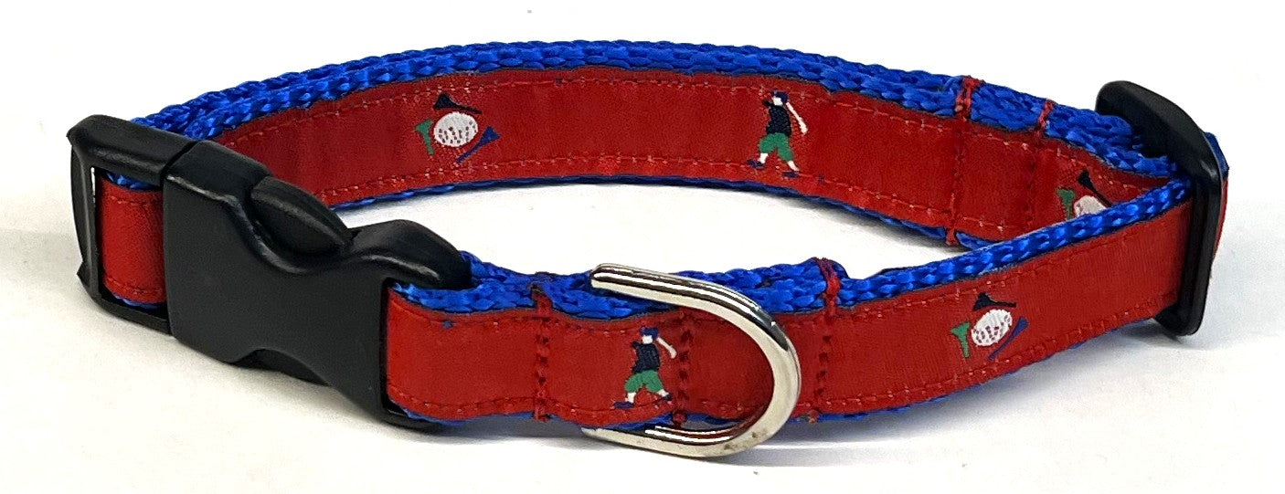 Red with Golfers & Golf Balls Dog Collar 3/4