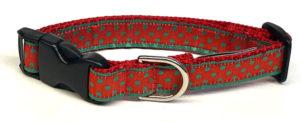 Red with Green Polka Dots Dog Collar 3/4