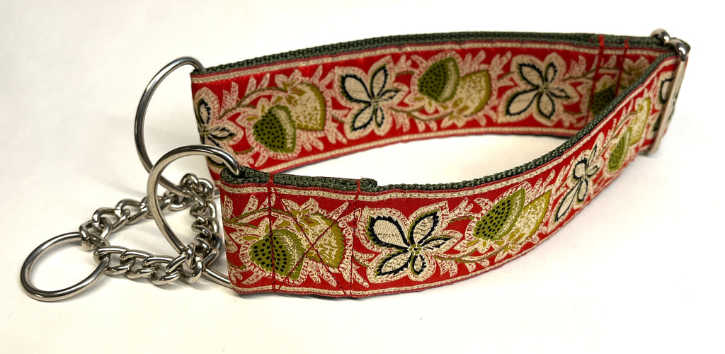 Red with Green Strawberry and Vines Chain Martingale Collar 2in