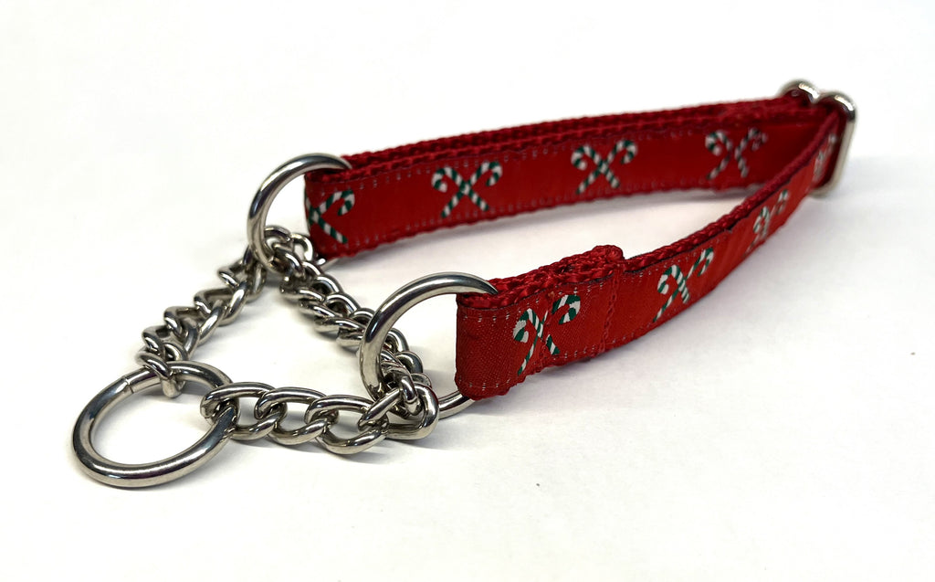 Red with Green and White Candy Canes Chain Martingale Collar 3/4