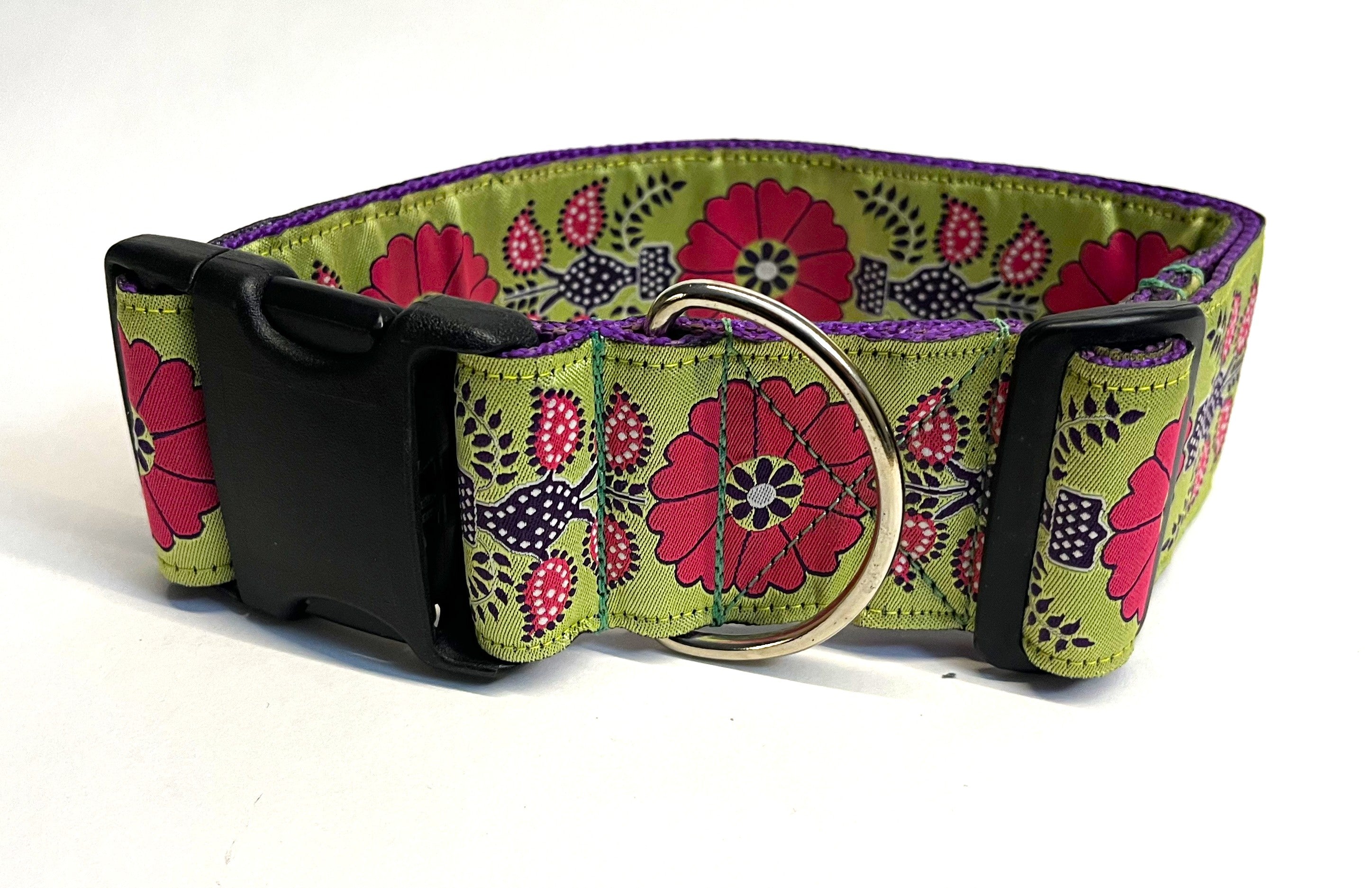 Sage Green with Pink and Purple Flower Design Dog Collar 2in