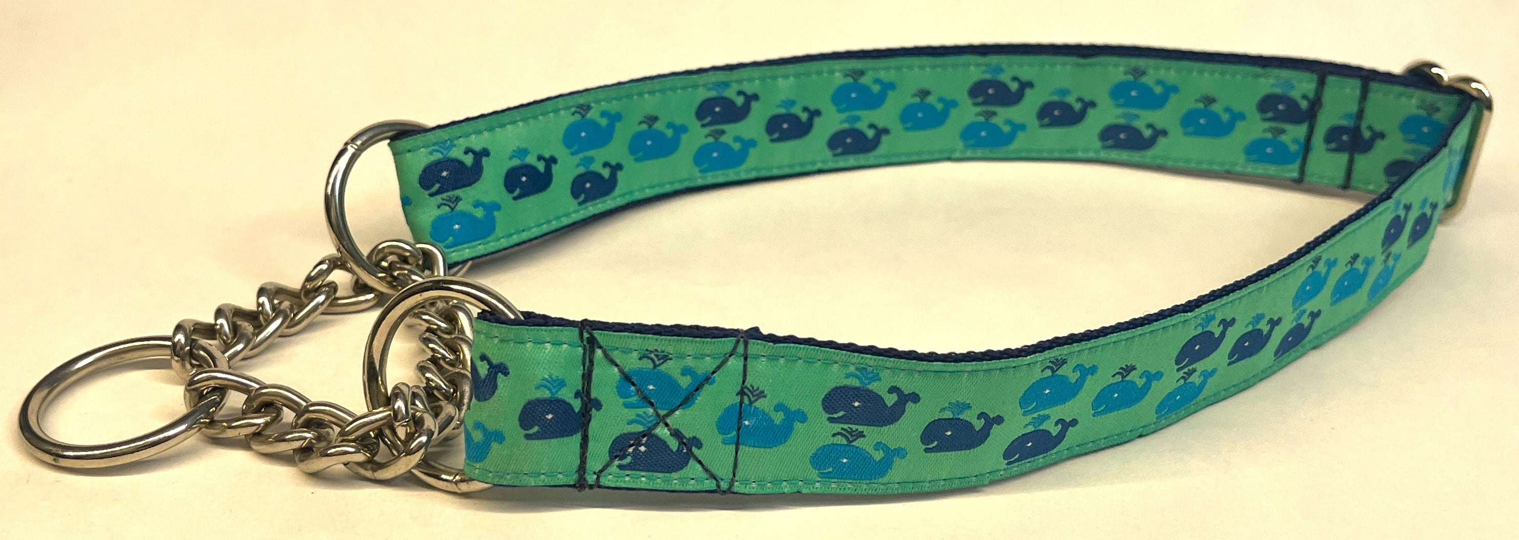 Seafoam Green with Blue and Turquoise Little Whales Chain Martingale Collar 1in