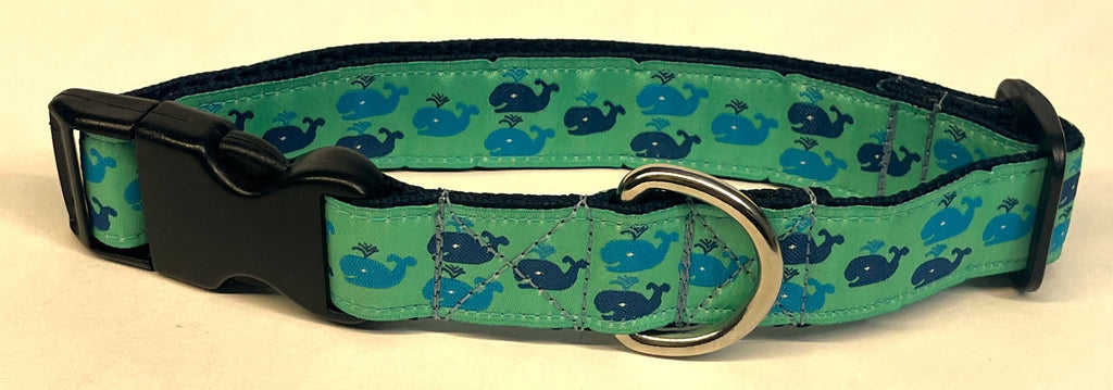Seafoam Green with Blue and Turquoise Little Whales Dog Collar 1in