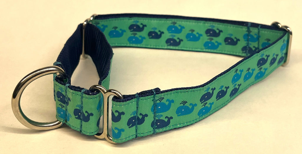 Seafoam Green with Blue and Turquoise Little Whales Martingale Collar 1in