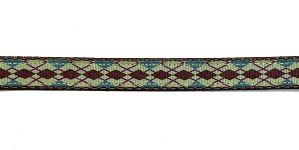 Seafoam ribbon with teal, brown, and purple argyle design on brown webbing dog collar