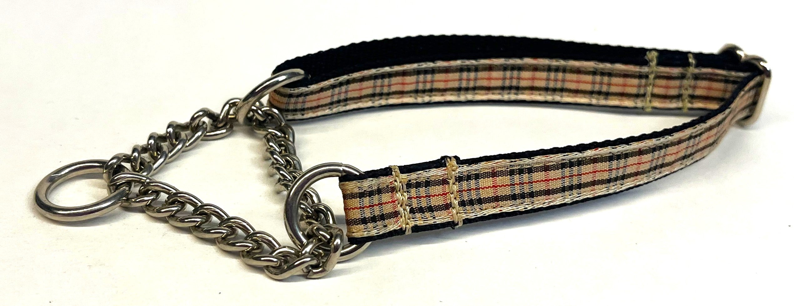 Tan, Black & Red Plaid Chain Martingale Collar 1/2
