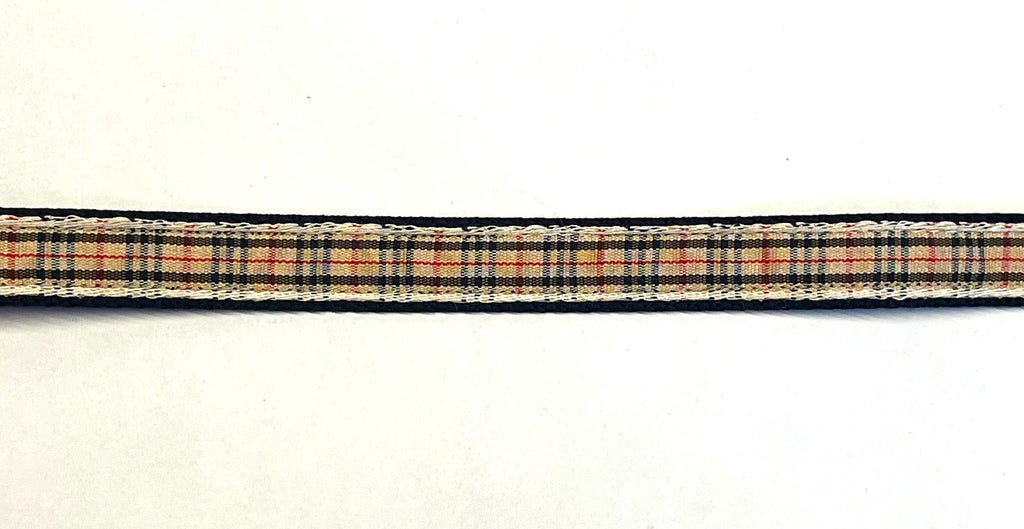 Tan, black, and red plaid dog collar on black webbing, 1/2 inch width