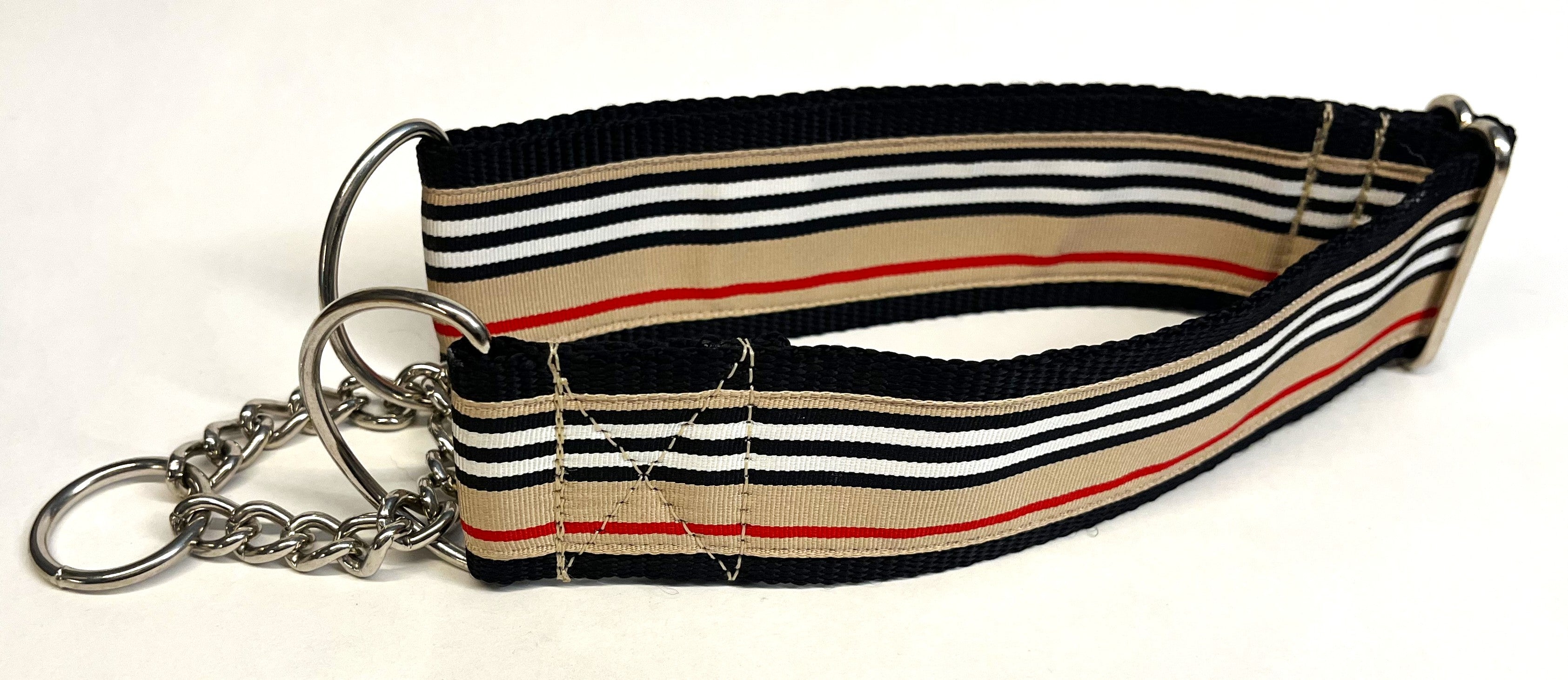 Tan, Black, White, and Red Stripe Chain Martingale Collar 2in
