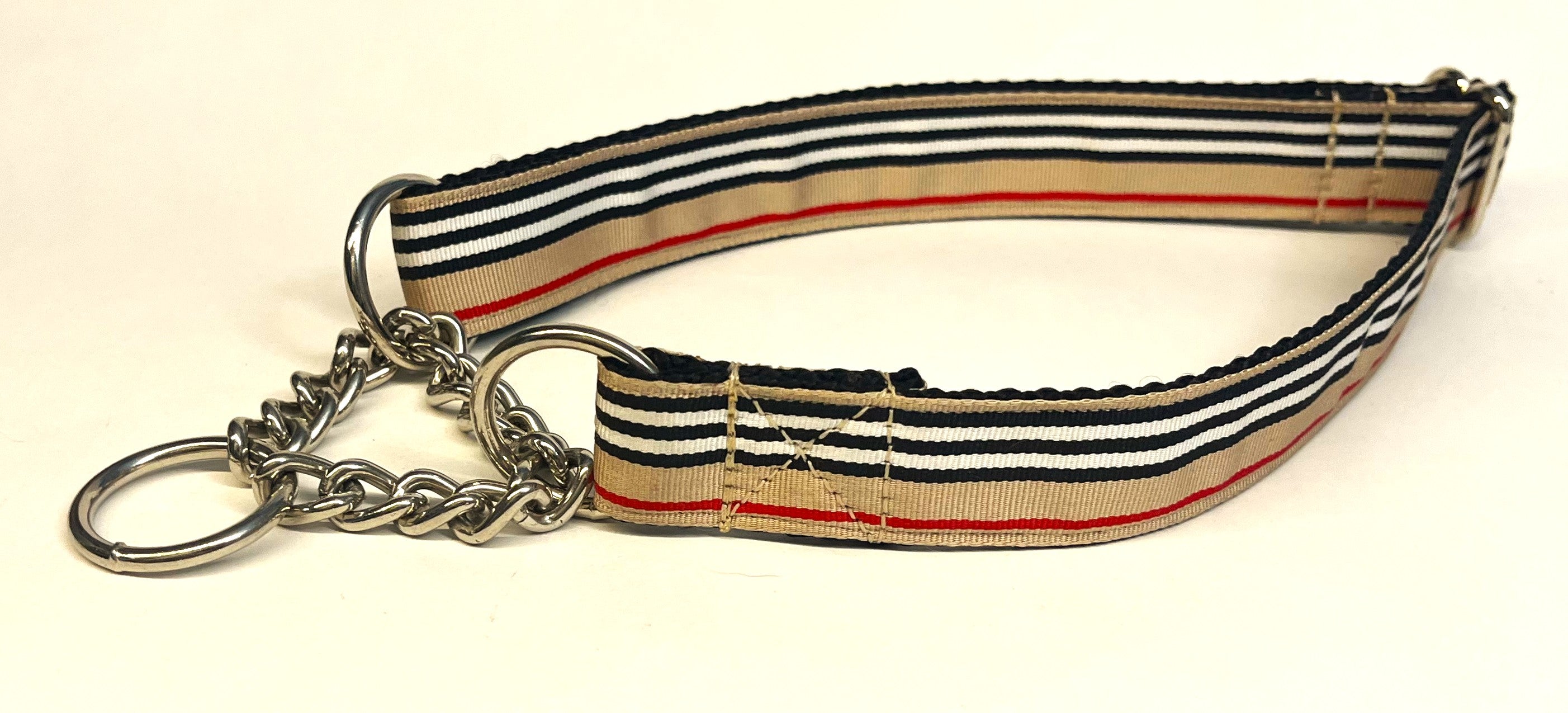Tan, Black, White, and Red Stripe Chain Martingale Collar 1in